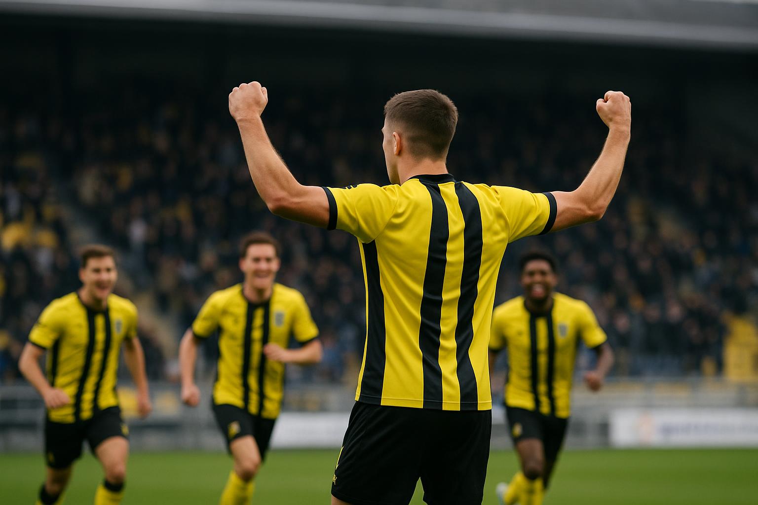 Christian Brüls viert na zijn openingstreffer voor SK Beveren tegen Olympic Charleroi