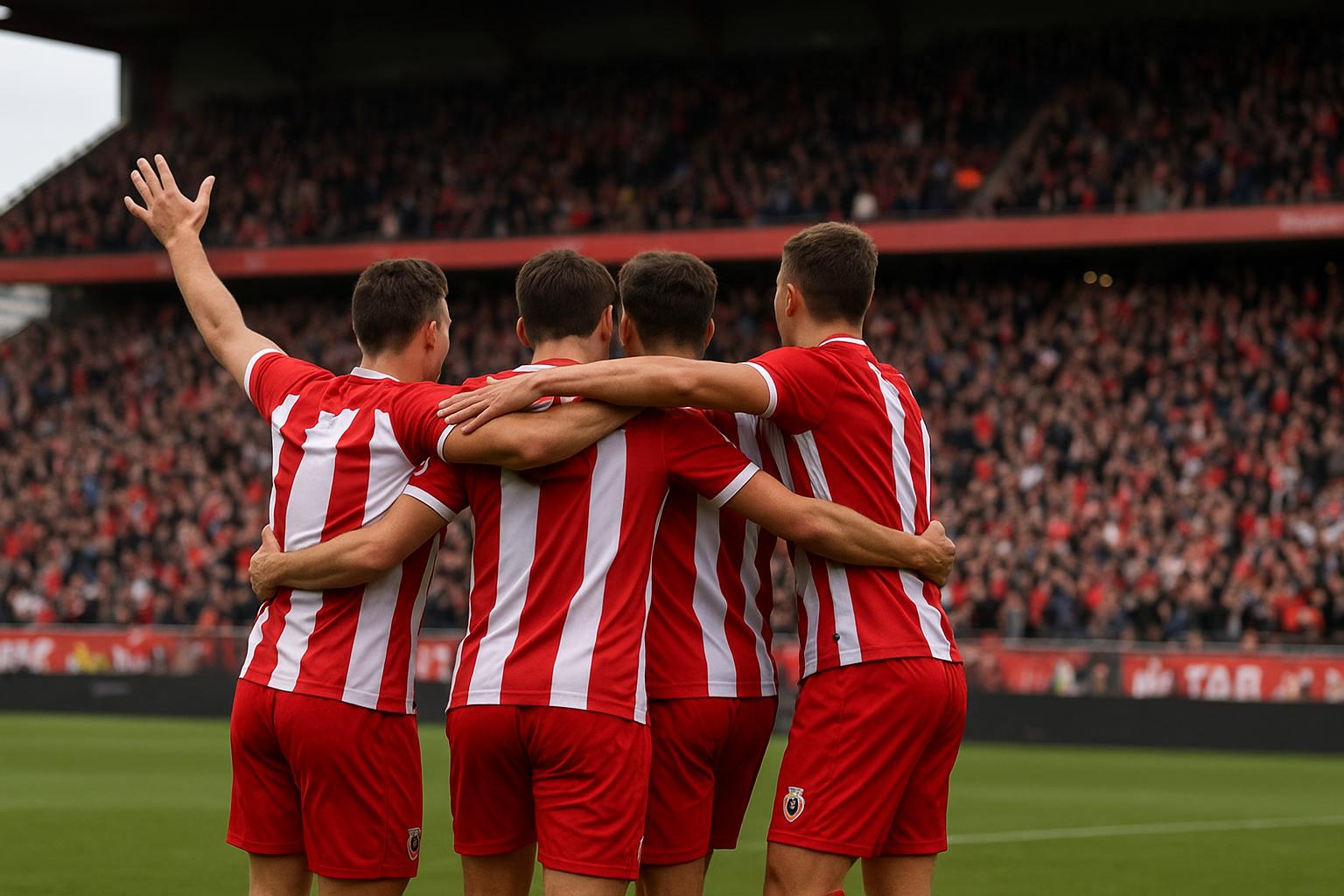 Spelers van Royal Antwerp FC vieren na de 1-0 tegen STVV op de Bosuil