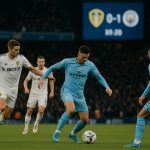 Spelers van Manchester City vieren de 0-1 zege op het veld van Leeds United