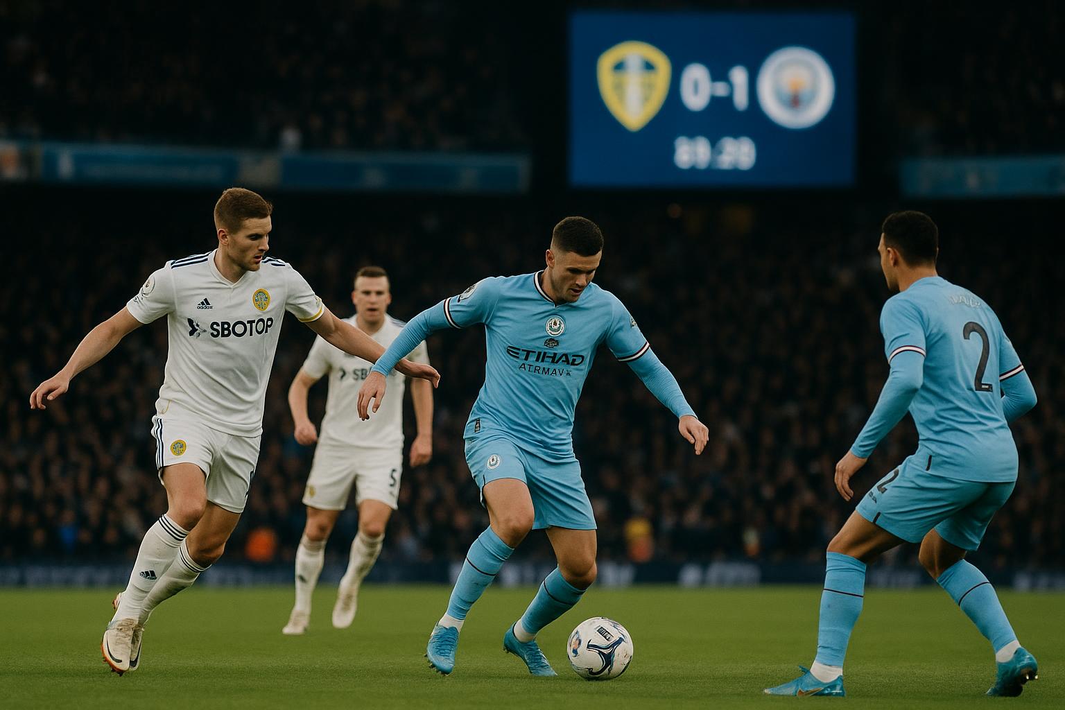Spelers van Manchester City vieren de 0-1 zege op het veld van Leeds United