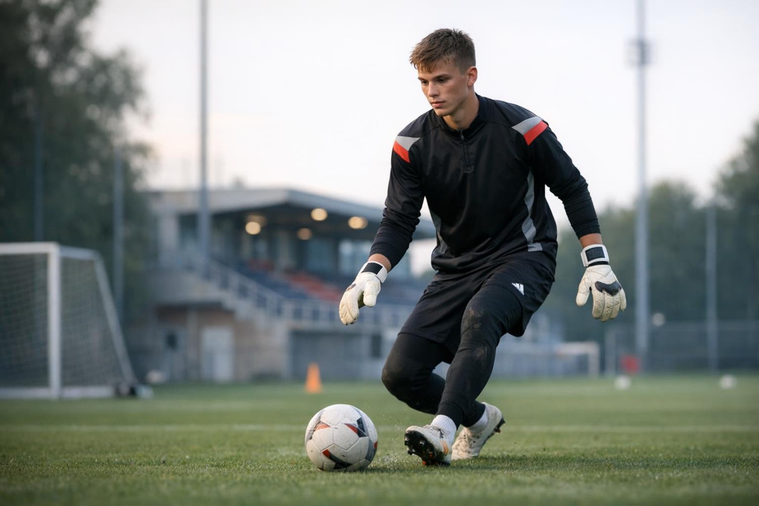Jonge doelman die mee opbouwt en een korte pass inspeelt onder druk
