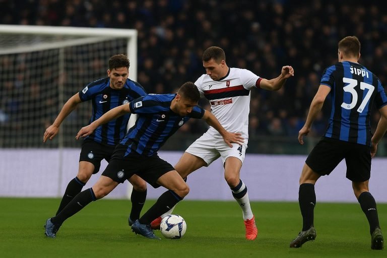 Spelmoment tijdens Internazionale tegen Genoa, met spelers in duel om de bal