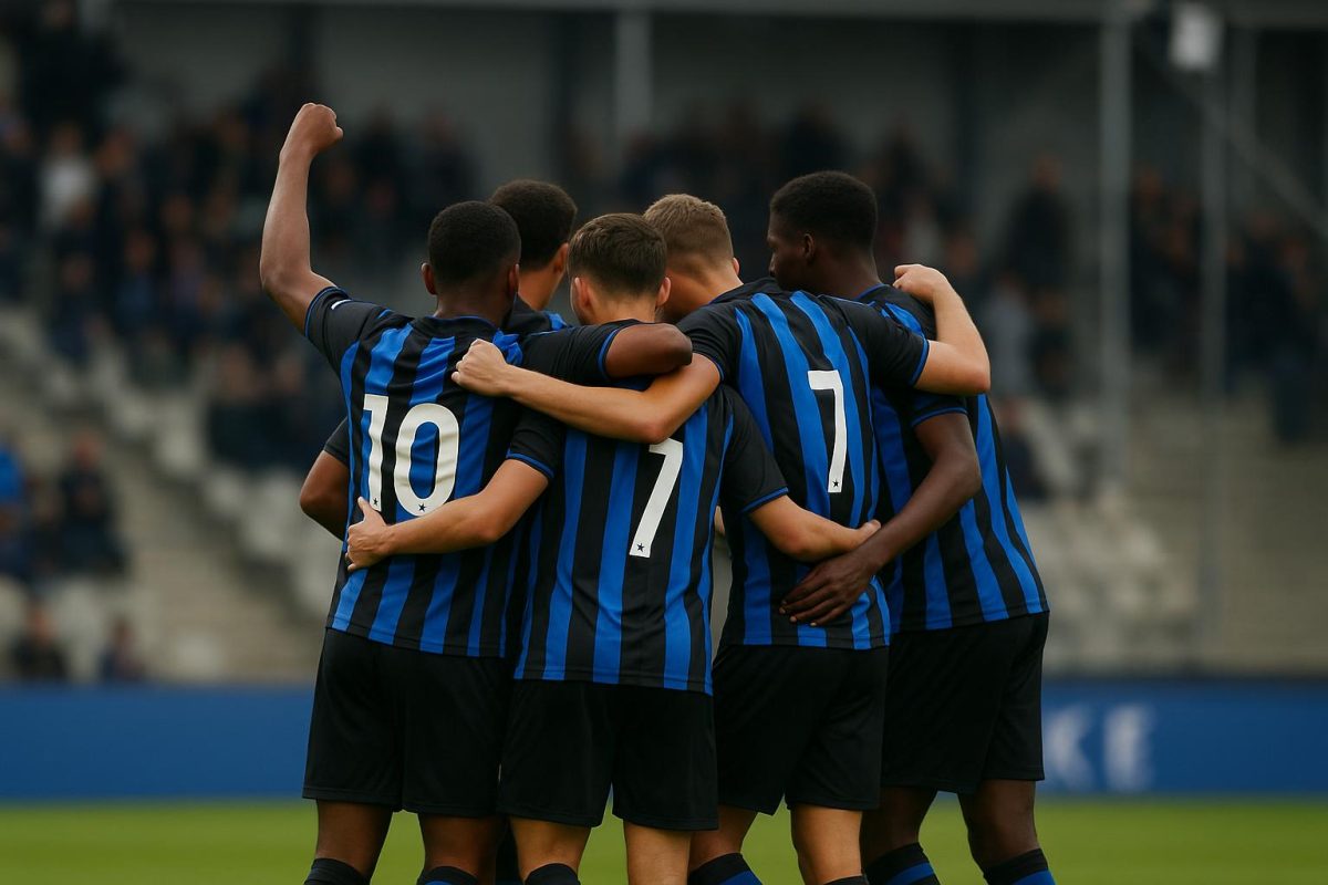 Spelers van Club NXT U19 vieren in The Nest na de zege tegen AS Monaco in de Youth League
