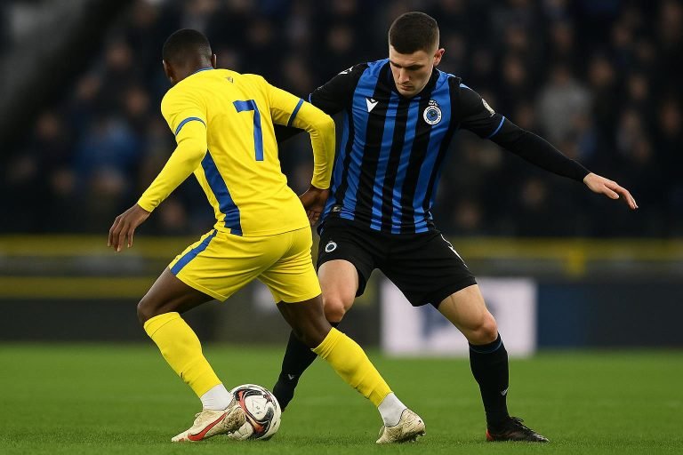 Actiefoto van Kevin Mac Allister in duel voor Union SG tijdens een wedstrijd tegen Club Brugge