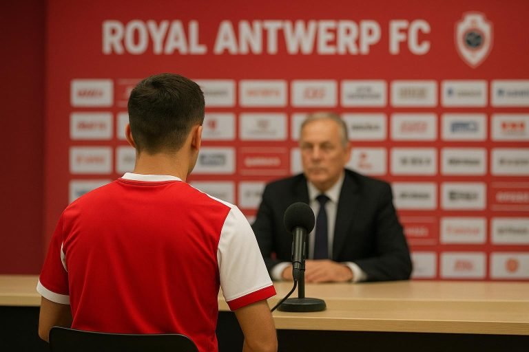 Paul Gheysens bij Royal Antwerp FC tijdens een persmoment rond de wintermercato