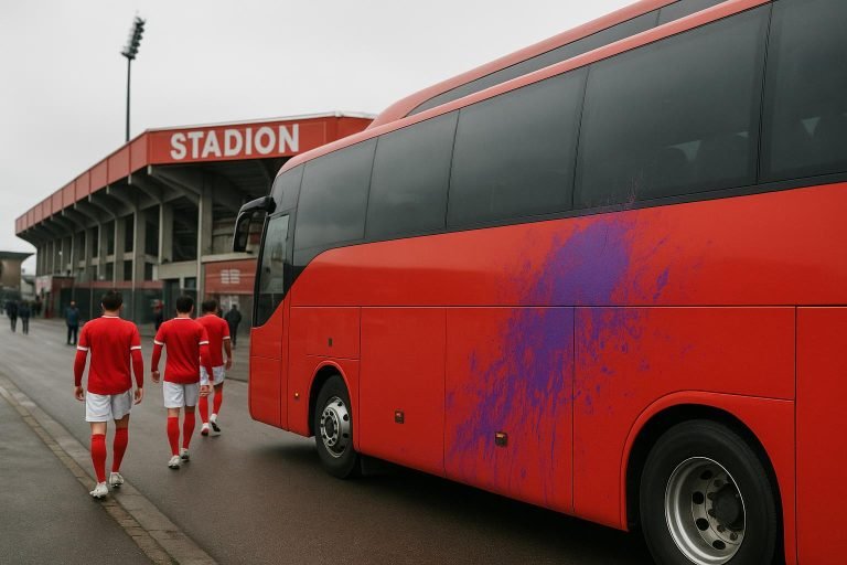 Een spelersbus bij het stadion van Sclessin met paarse verfsporen