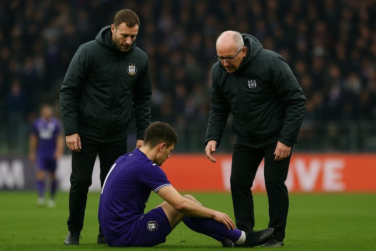 Sfeerbeeld van RSC Anderlecht met focus op een defensieve speler na een blessuremoment.