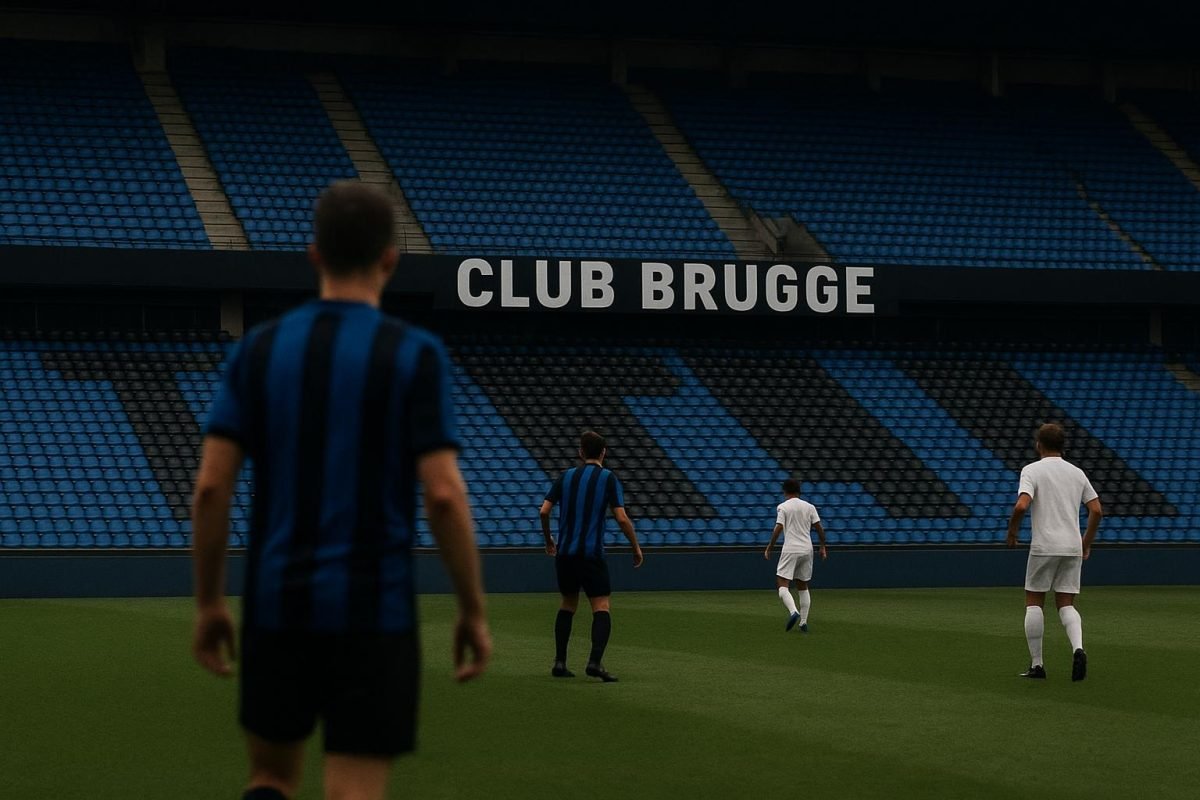 Sfeerbeeld in het Jan Breydelstadion bij Club Brugge, met spelers op het veld zonder herkenbare gezichten