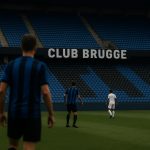 Sfeerbeeld in het Jan Breydelstadion bij Club Brugge, met spelers op het veld zonder herkenbare gezichten