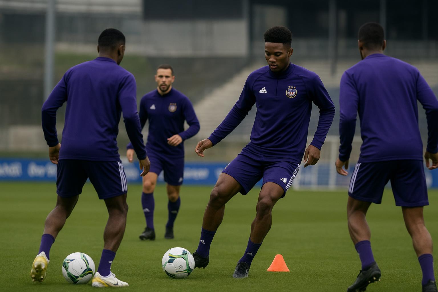 Training van RSC Anderlecht met focus op de defensieve lijn, zonder herkenbare gezichten.