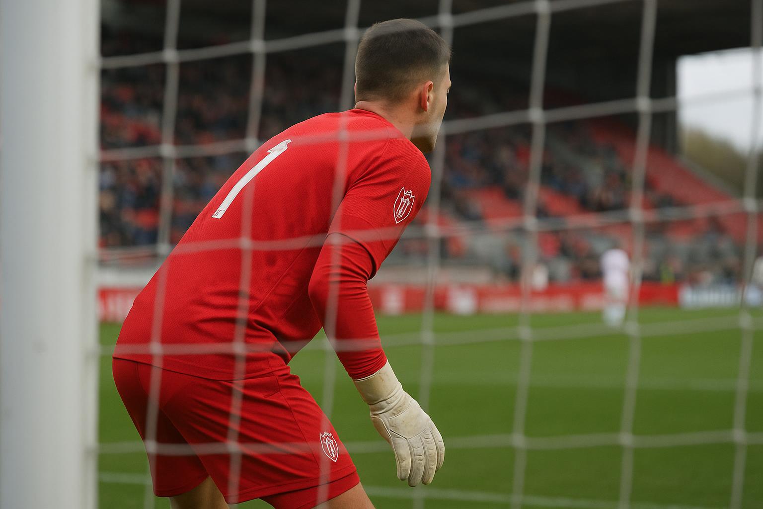 Een doelman van Standard Luik warmt op in het stadion met handschoenen, met het doel op de achtergrond.
