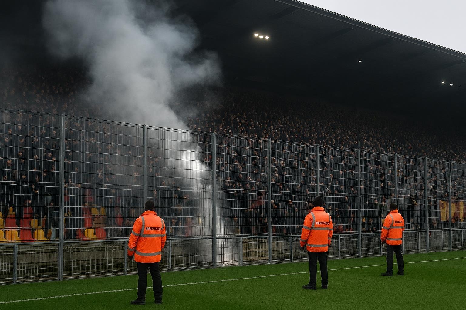 Beveiliging en supporters in een voetbalstadion met rook van pyrotechniek