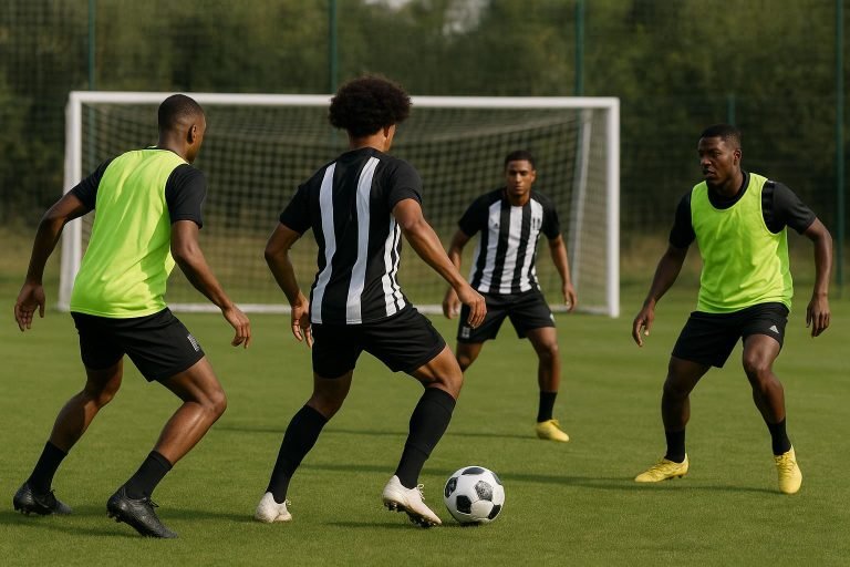 Sfeerbeeld van Sporting Charleroi op training met bal en doel in beeld