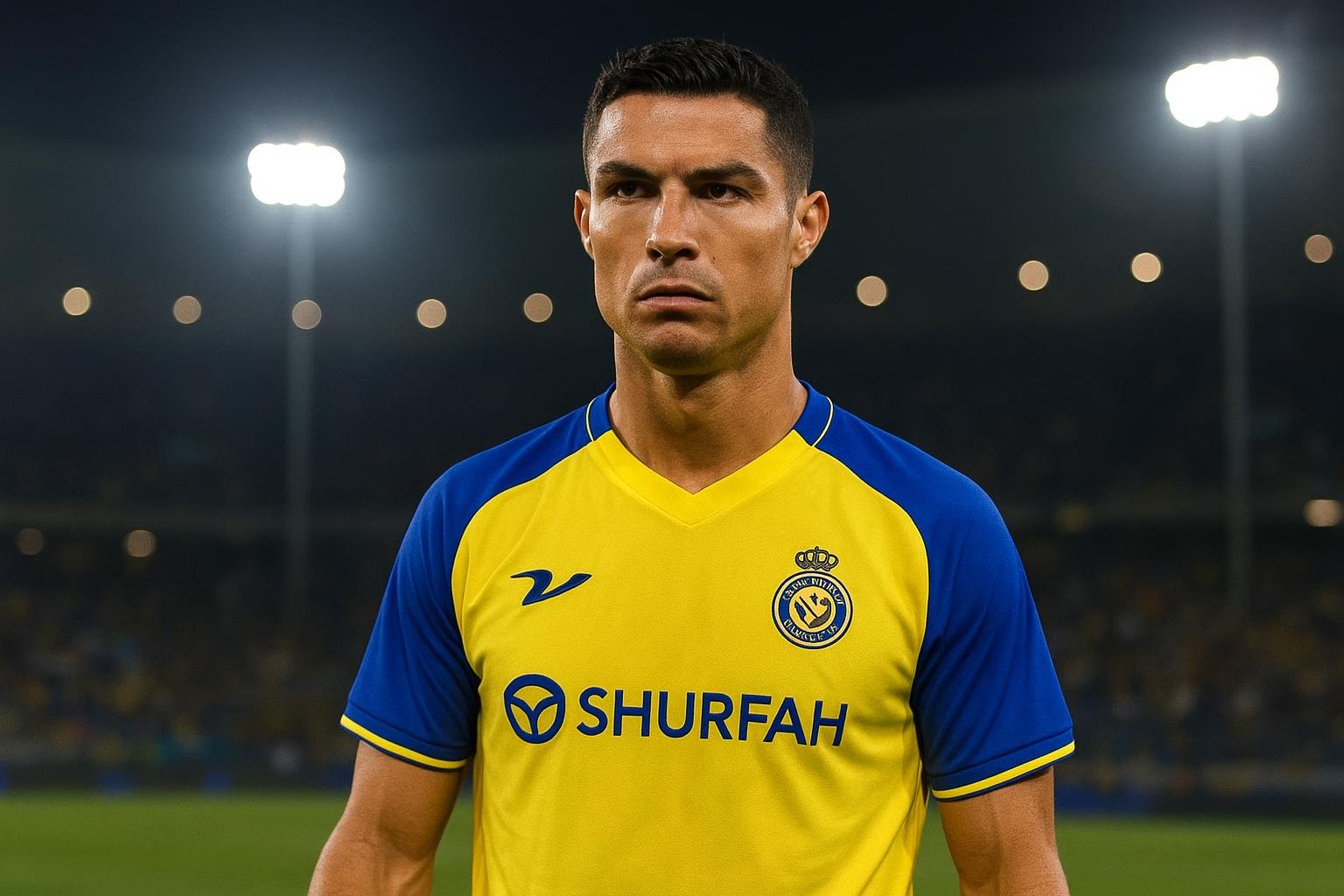 Cristiano Ronaldo in de omgeving van een stadion bij Al-Nassr, met focus op de onrust rond zijn toekomst