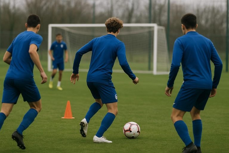 Beeld van de jeugdopleiding van KRC Genk op een trainingsveld