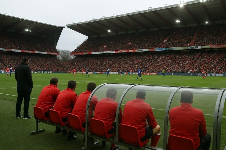 Sfeervol beeld in het stadion met de bankzone van Standard tijdens een competitiewedstrijd