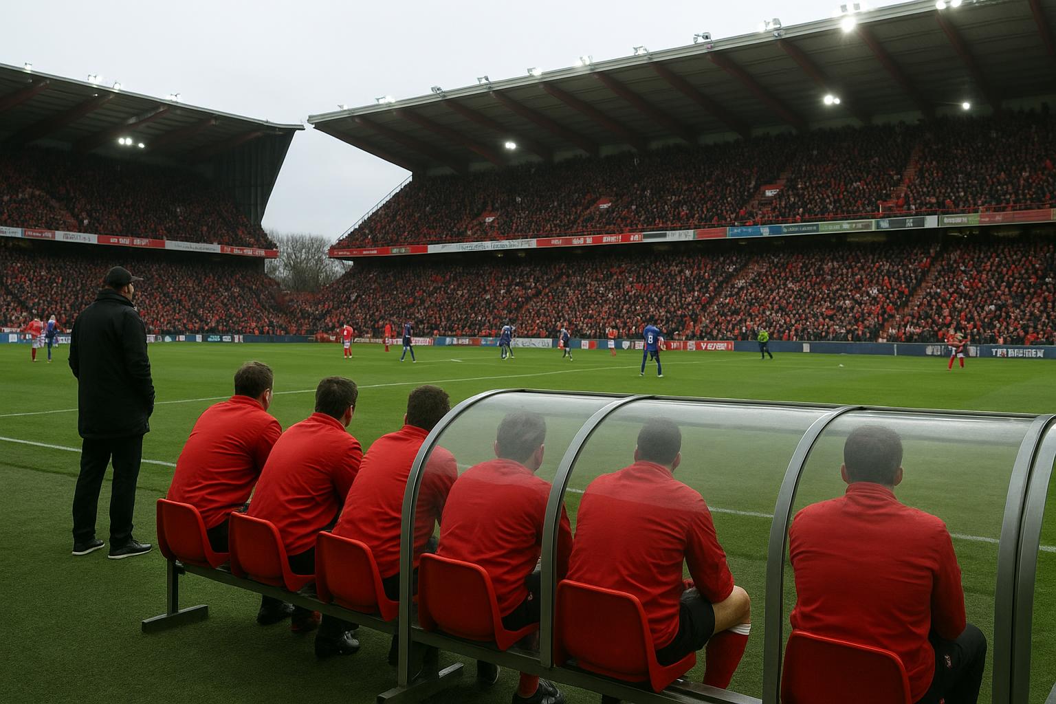 Sfeervol beeld in het stadion met de bankzone van Standard tijdens een competitiewedstrijd