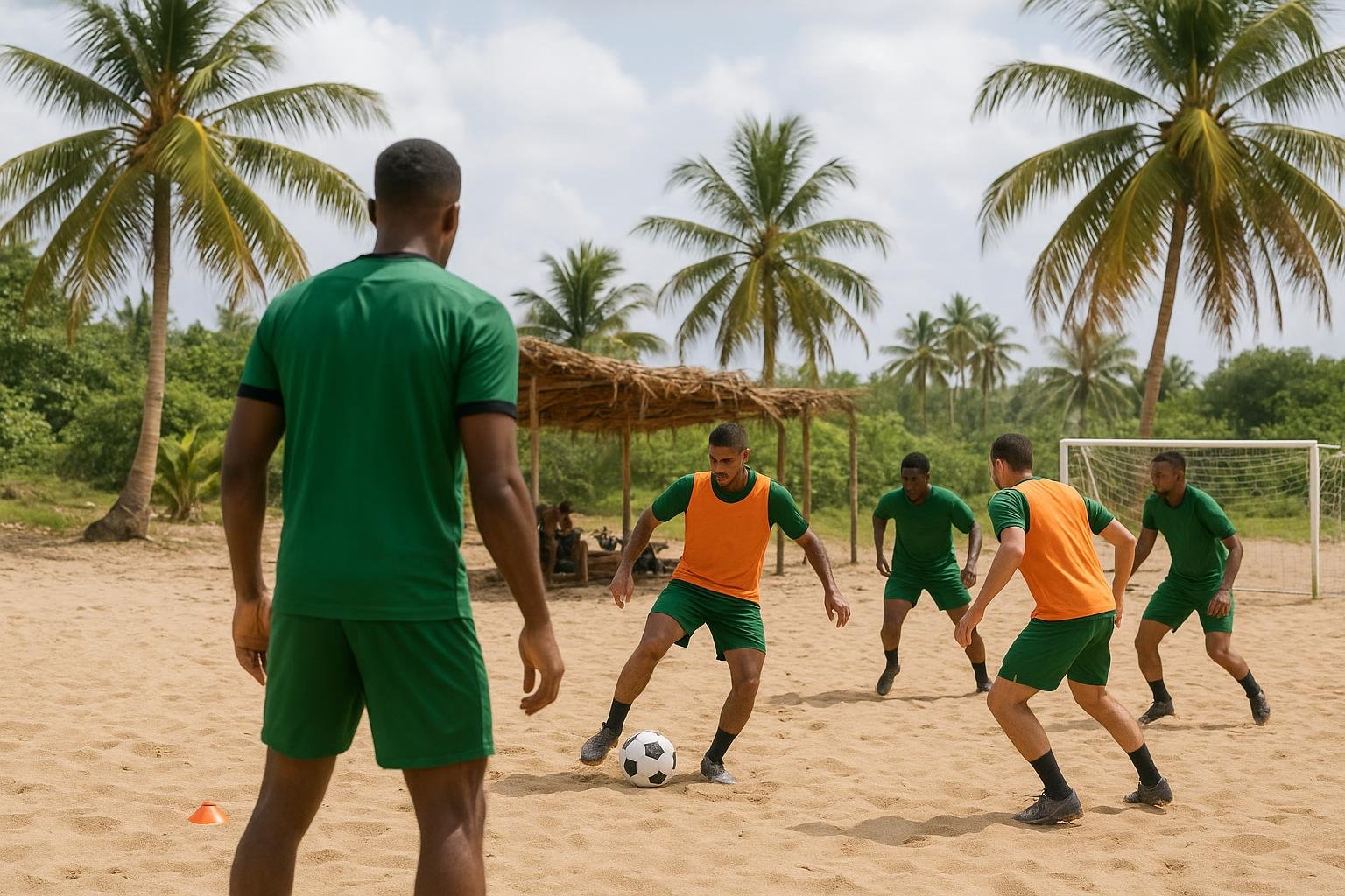 Sfeerbeeld van een tropisch eiland waar oud-voetballers deelnemen aan een survivalprogramma