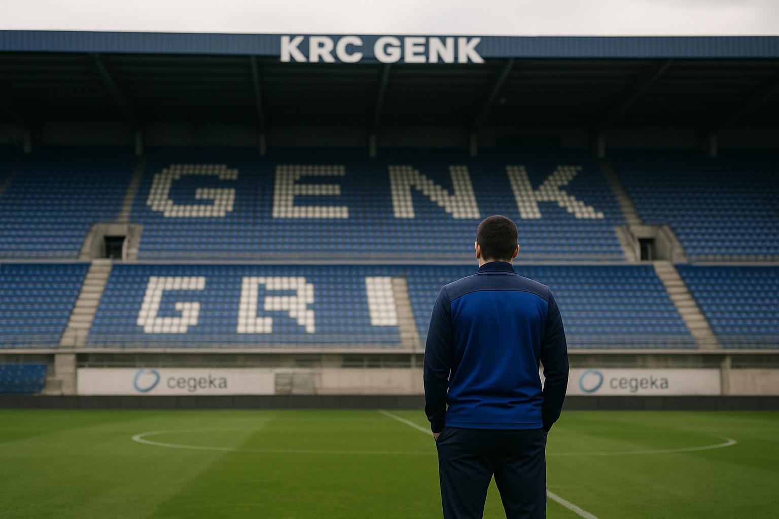 Sfeerbeeld van KRC Genk in de Cegeka Arena, met spelers op het veld zonder herkenbare gezichten
