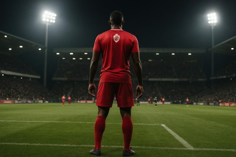 Teleurgestelde speler van Royal Antwerp FC in een stadionomgeving voorafgaand aan een bekerduel
