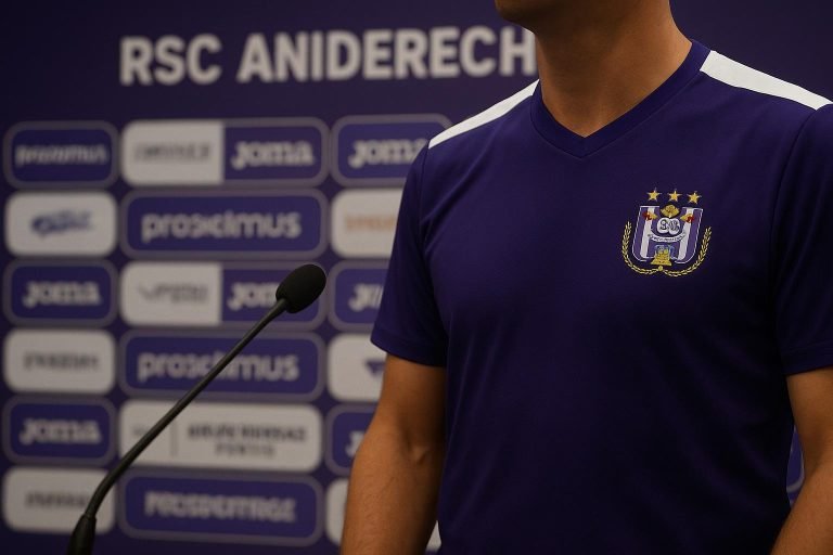 Olivier Deschacht in Anderlecht-context terwijl hij zijn analyse geeft
