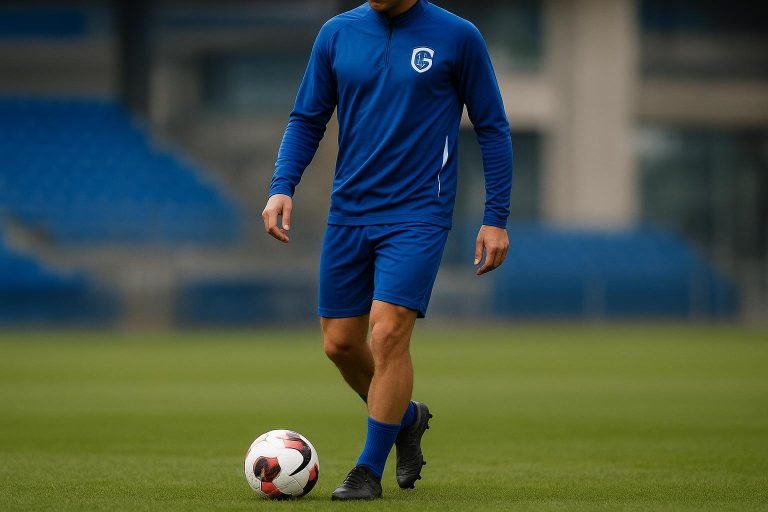 Een trainingsmoment bij KRC Genk met focus op een verdediger in clubkleuren
