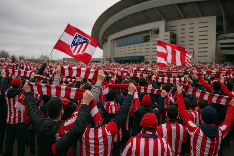 Supporters van Atlético Madrid met rood-witte sjaals aan een stadionomgeving in Brugge.