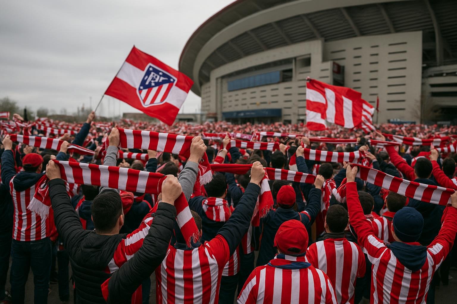 Supporters van Atlético Madrid met rood-witte sjaals aan een stadionomgeving in Brugge.
