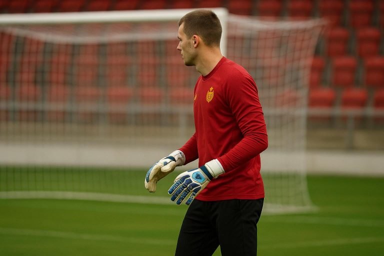Keepers van KV Mechelen tijdens een training, met doel en stadion op de achtergrond