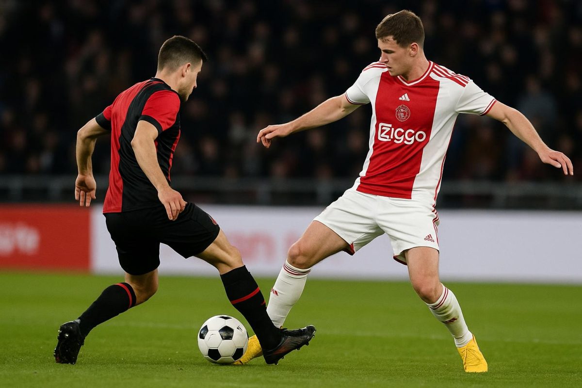 Ajax-spelers vieren een doelpunt tijdens Excelsior tegen Ajax, met Mika Godts centraal in beeld