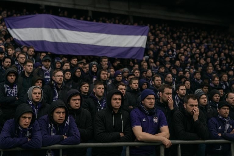 Supporters van RSC Anderlecht in het stadion met spandoek tijdens opbouw naar een bekerwedstrijd