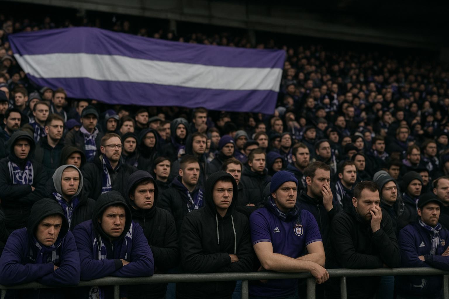 Supporters van RSC Anderlecht in het stadion met spandoek tijdens opbouw naar een bekerwedstrijd