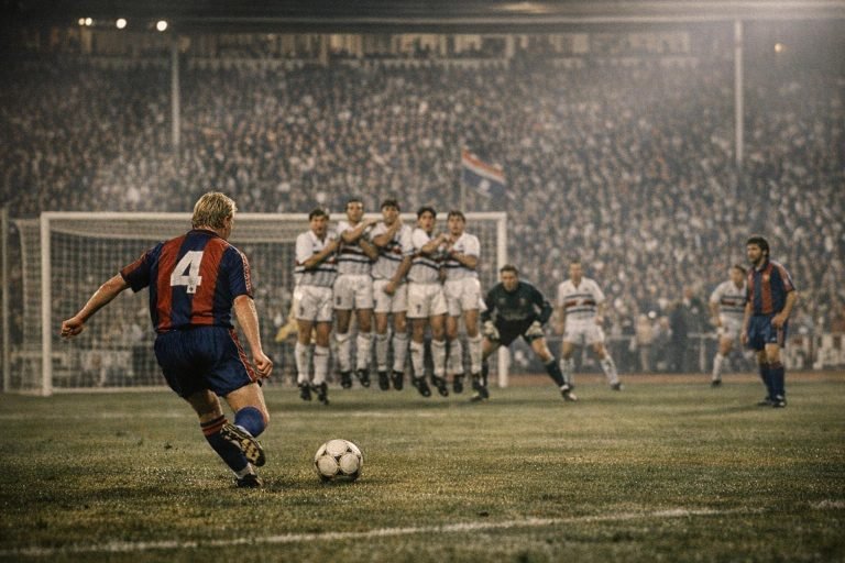 Nostalgische scène van Wembley 1992 met een vrije trap in een Europese finale
