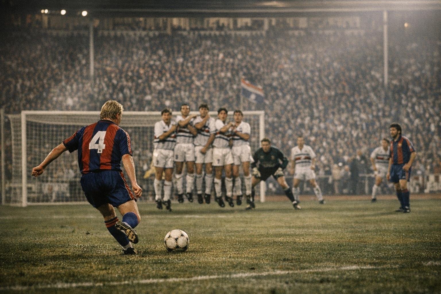 Nostalgische scène van Wembley 1992 met een vrije trap in een Europese finale