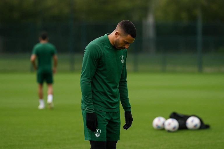 Een Al-Ahli-speler in trainingsoutfit op het trainingsveld, symboolbeeld bij het nieuws rond Matteo Dams.