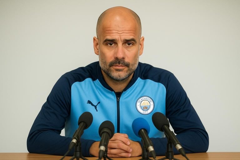 Pep Guardiola, manager van Manchester City, tijdens een persmoment.