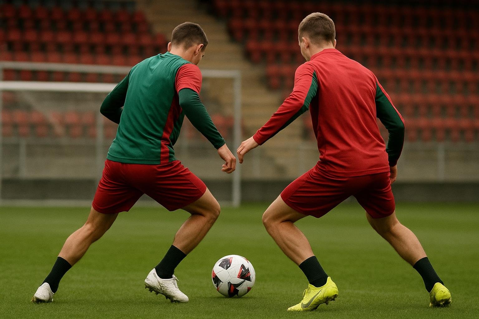 Trainingsmoment bij SV Zulte Waregem met focus op het middenveld, zonder herkenbare gezichten.