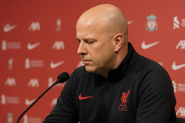 Arne Slot tijdens een persmoment bij Liverpool