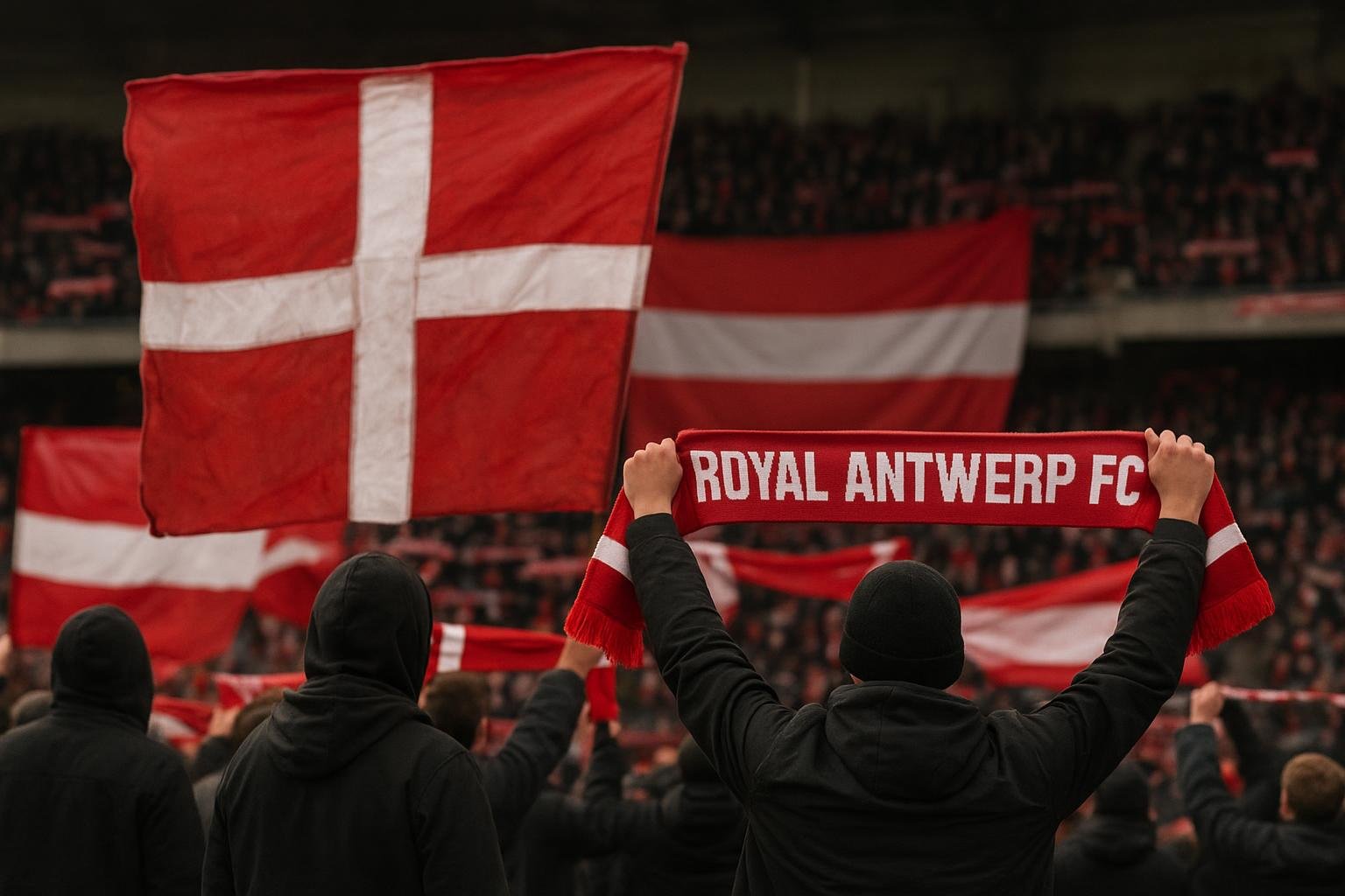 Supporters van Royal Antwerp FC met spandoeken in en rond het Bosuilstadion