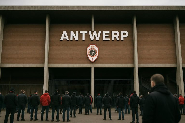 Sfeerbeeld aan het stadion van Royal Antwerp FC op de Bosuil