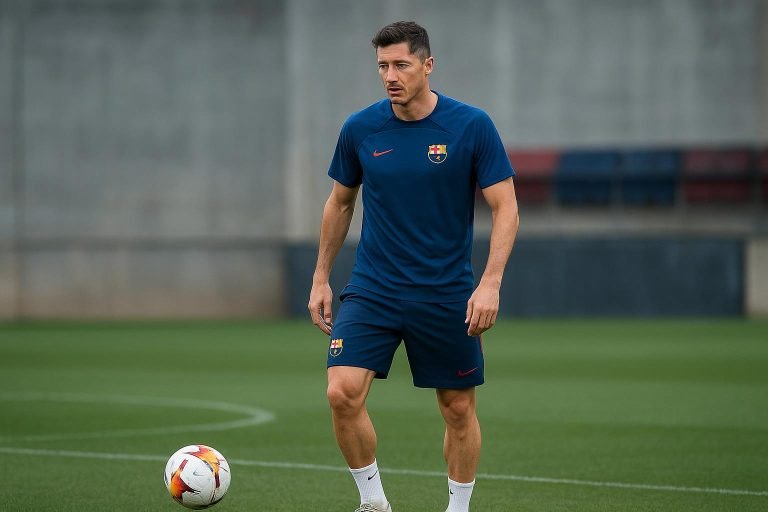Trainingsbeeld van FC Barcelona met een spitsfiguur zonder herkenbare gezichten