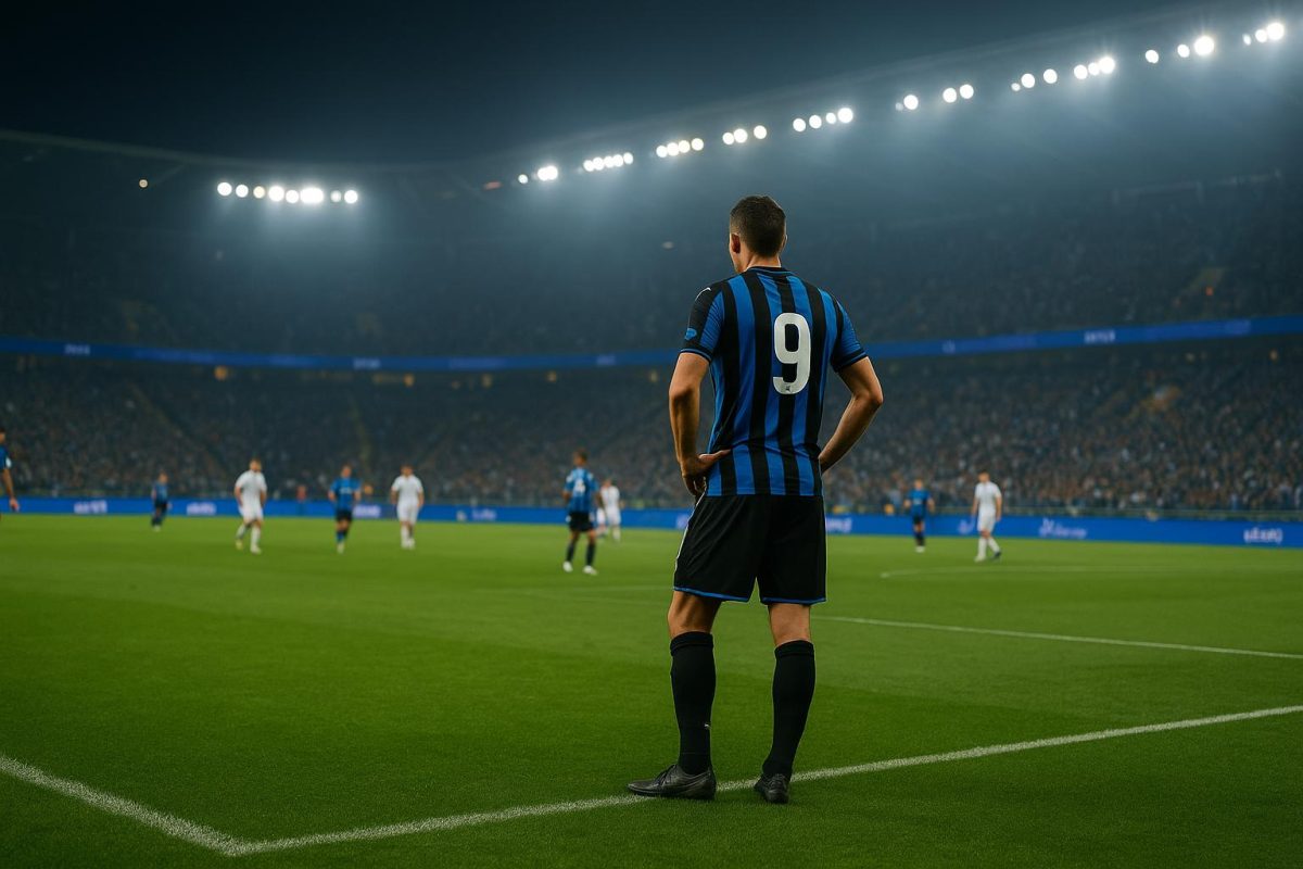 Spelers van Club Brugge in een Europees stadiondecor tijdens een Champions League-avond