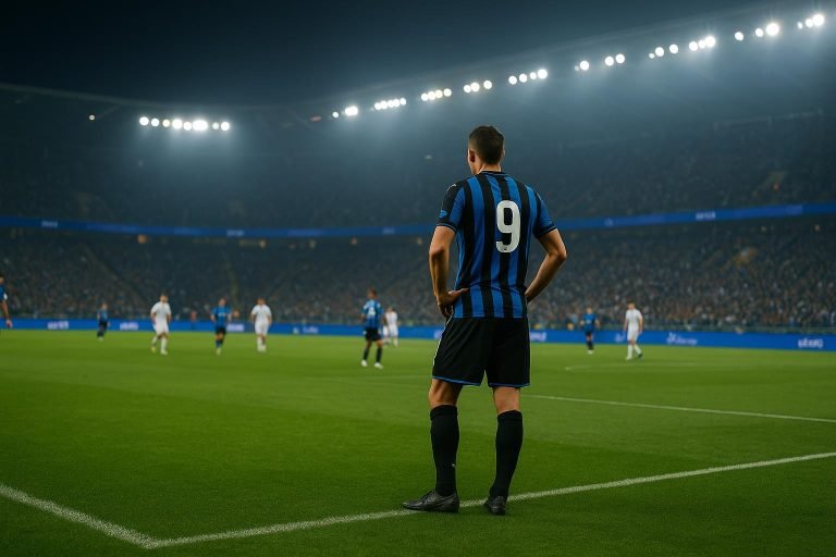 Spelers van Club Brugge in een Europees stadiondecor tijdens een Champions League-avond