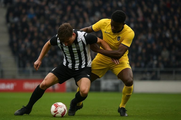 Spelers van Sporting Charleroi en Union in duel tijdens de heenmatch van de bekerhalve finale