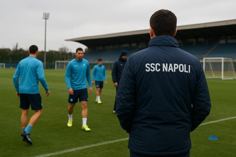 Sfeerbeeld van een training bij Napoli met een speler in trainingskledij op de achtergrond