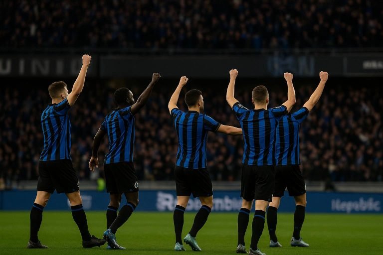 Spelers van Club Brugge vieren op het veld na een Champions League-wedstrijd