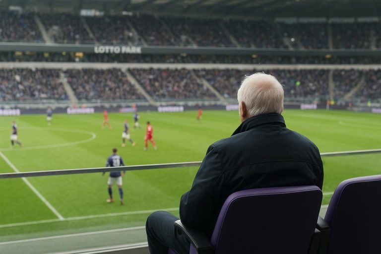 Brian Riemer op de tribune in Lotto Park tijdens Anderlecht tegen Antwerp in de Croky Cup