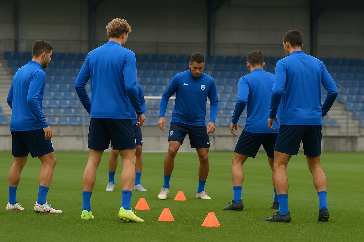 Spelers van KRC Genk op training terwijl er gewerkt wordt aan verdedigende organisatie