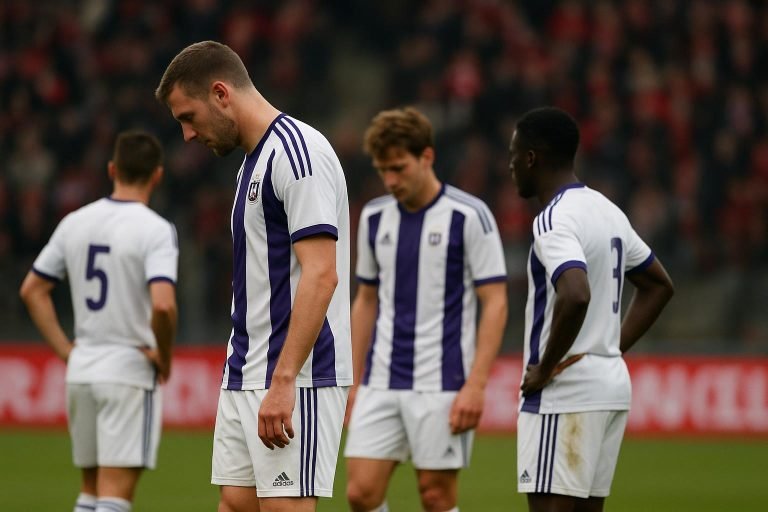 Spelers van RSC Anderlecht reageren teleurgesteld tijdens de bekerwedstrijd tegen Royal Antwerp FC.
