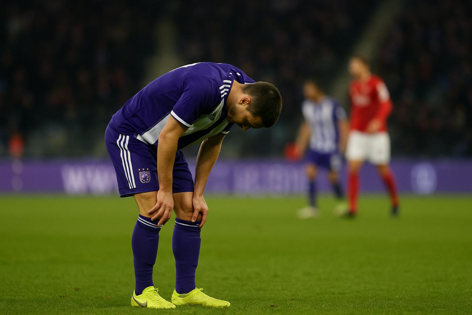 Spelers van RSC Anderlecht lopen teleurgesteld op het veld na een matchmoment.